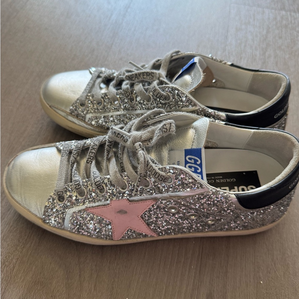 Golden Goose Silver Glitter Sneakers with Pink Star size 37